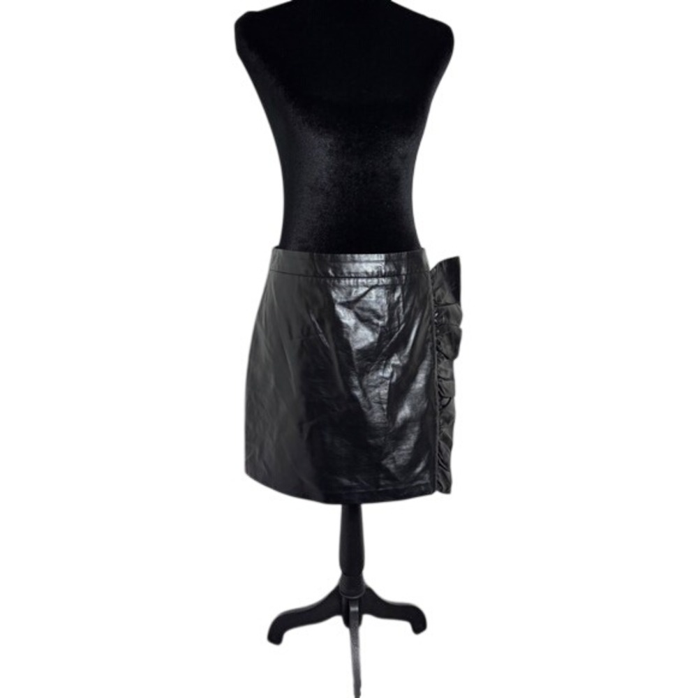 PrettyLittleThing Mini Skirt Womens 12 Black Excellent Faux Leather Side Ruffle